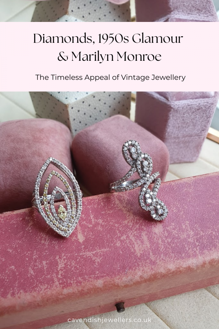 Diamonds, 1950s Glamour & Marilyn Monroe The Timeless Appeal of Vintage Jewellery Blog Pin cavendish jewellers