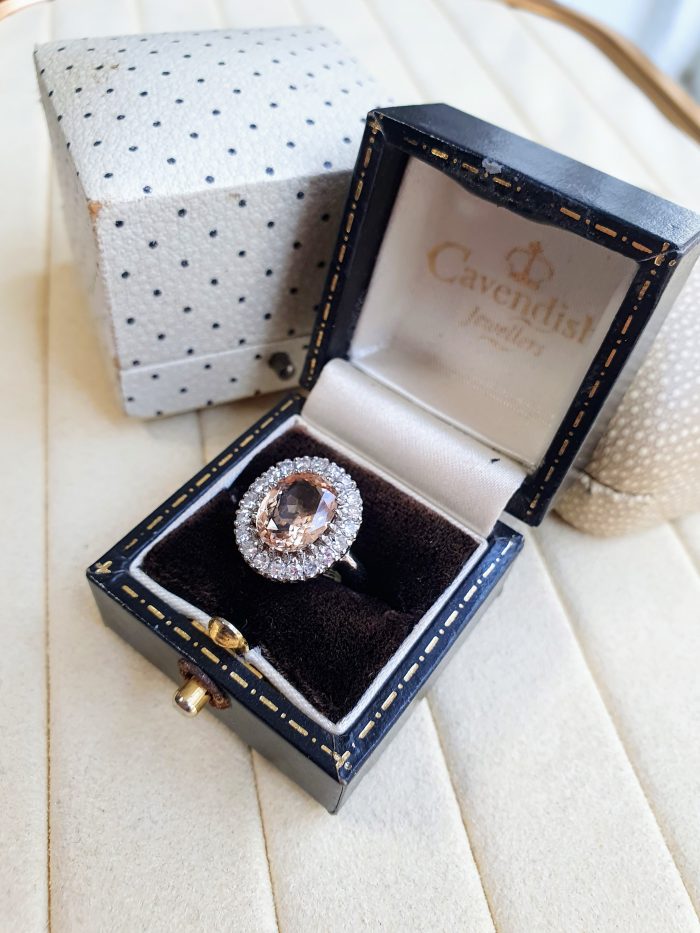 Vintage White Gold Morganite & Diamond Cluster Ring in ringbox cavendish jewllers