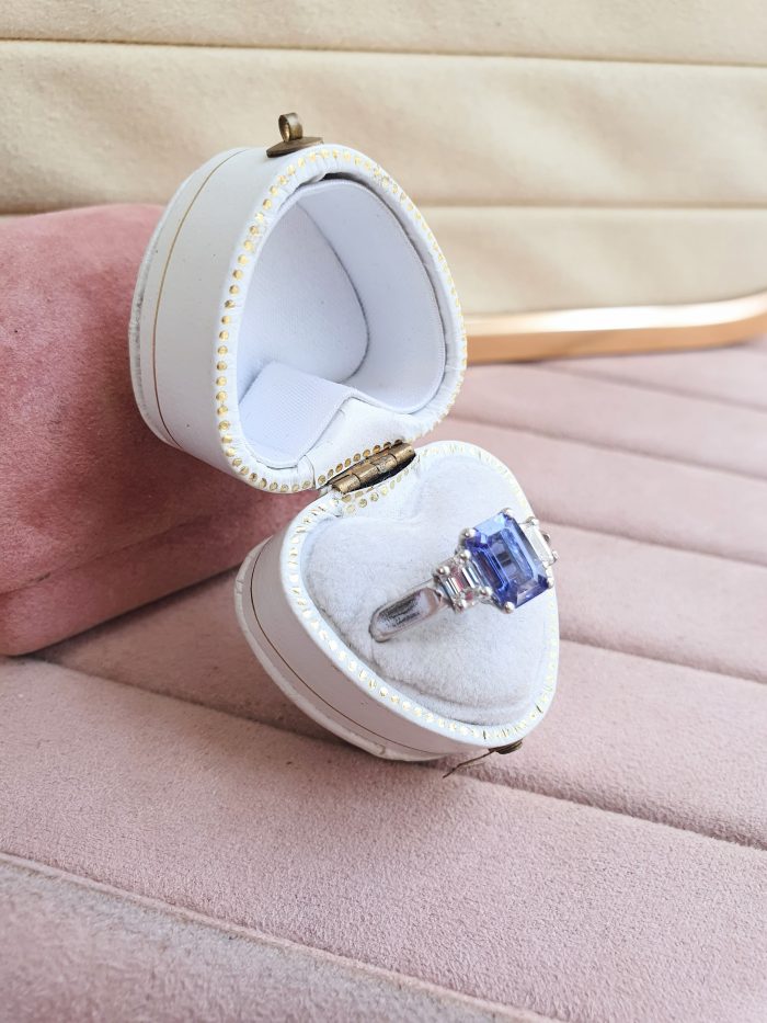 Vintage Platinum Tanzanite & Diamond Ring in antique ring box cavendish jewellers