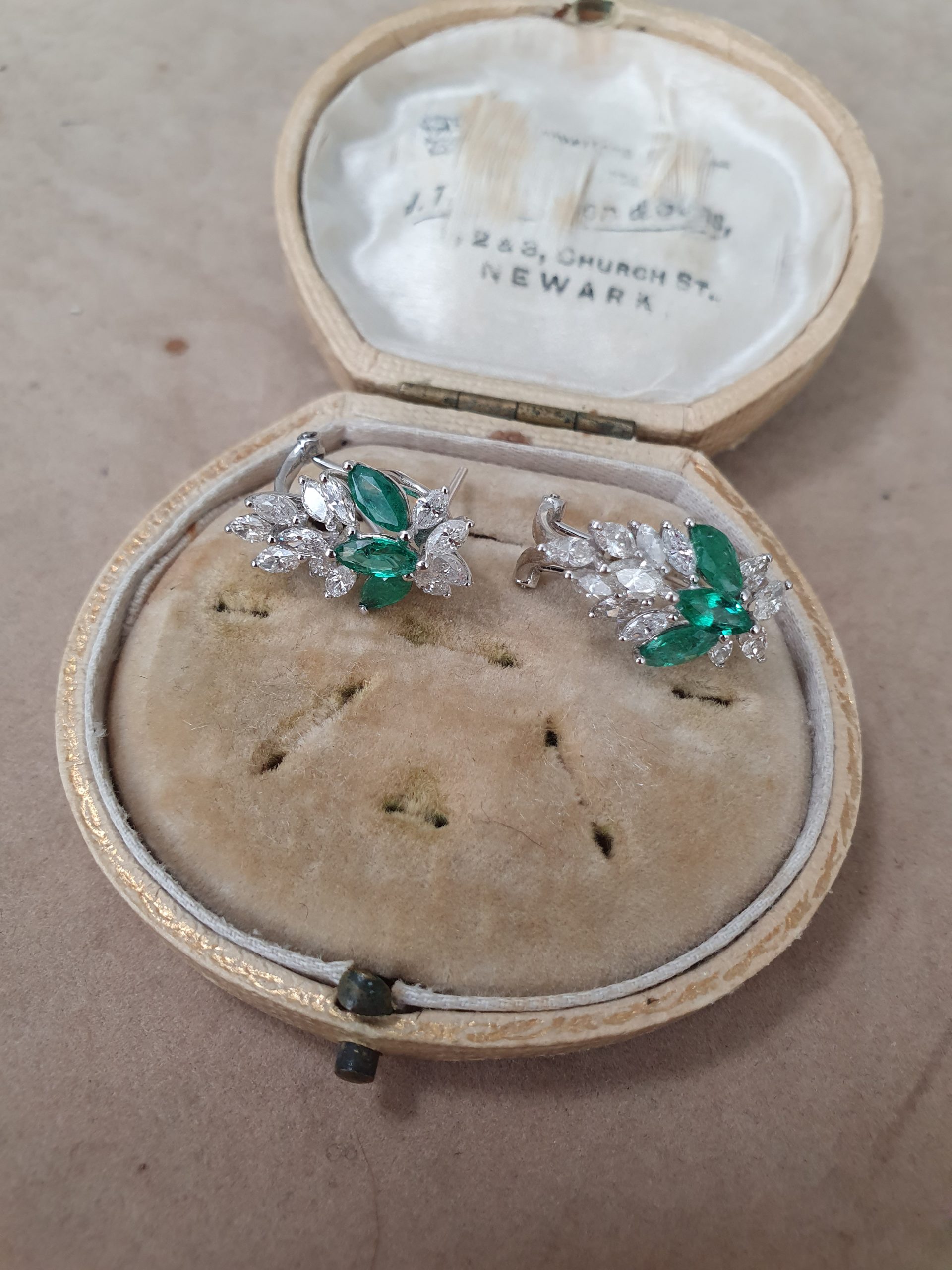 Vintage White Gold Emerald & Diamond Cluster Earrings
