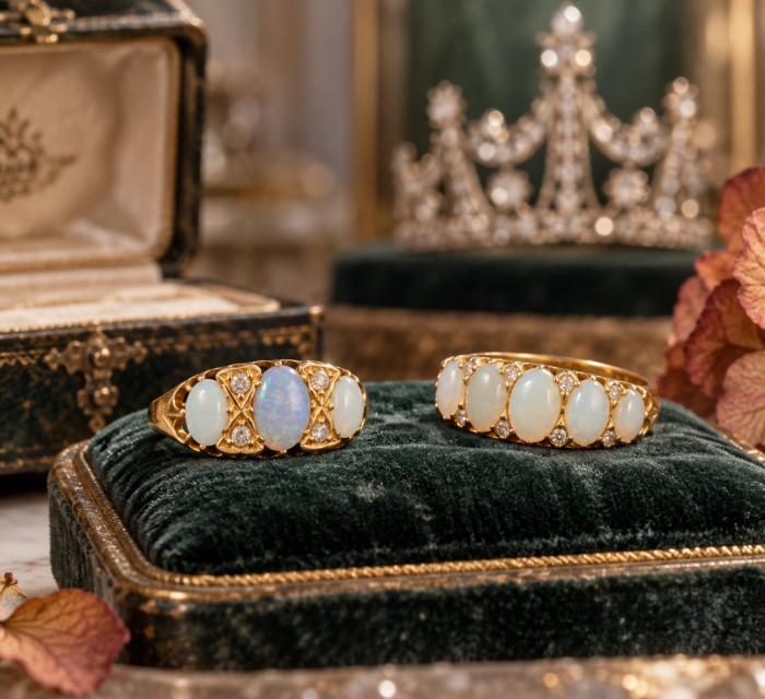 antique victorian opal diamond rings on green cushion with crown