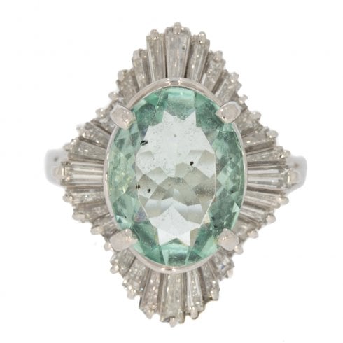 1950s Platinum Green Aquamarine and Diamond Ballerina Ring