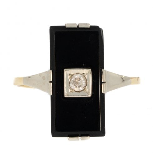 Antique Art Deco Gold Onyx & Diamond Tablet Ring