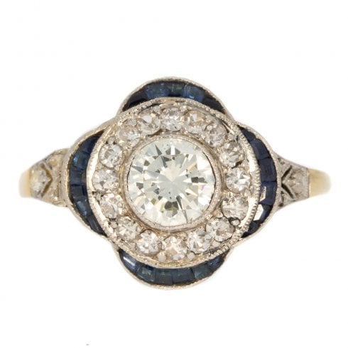 Antique Art Deco Gold & PLatinum Sapphire & Diamond Target Ring