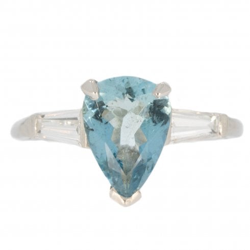 Antique Art Deco Platinum Aquamarine and Diamond Ring