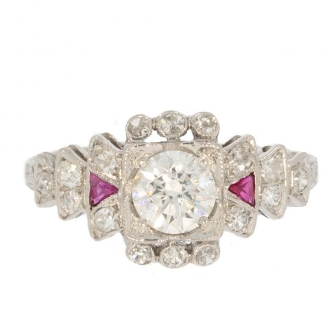 Antique Art Deco Platinum Diamond & Ruby Cluster Ring