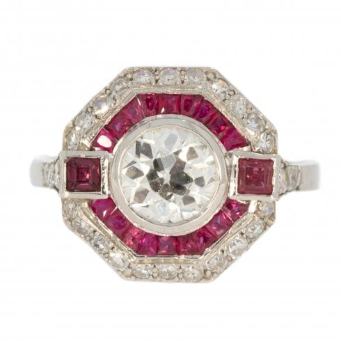 Antique Art Deco Platinum Diamond & Ruby Halo Ring
