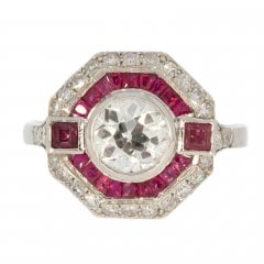 Antique Art Deco Platinum Diamond & Ruby Halo Ring