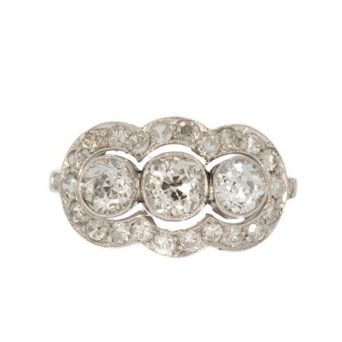 Antique Art Deco Platinum Diamond Three-Stone Cluster Ring