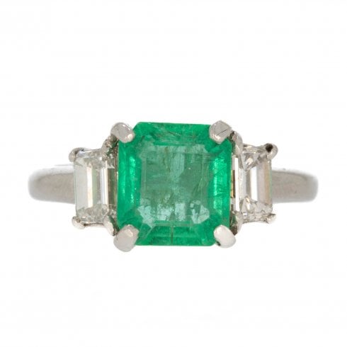 Antique Art Deco Platinum Emerald & Diamond Three Stone Ring