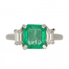 Antique Art Deco Platinum Emerald & Diamond Three Stone Ring