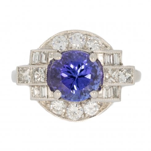 Antique Art Deco Platinum Tanzanite & Diamond Cluster Ring
