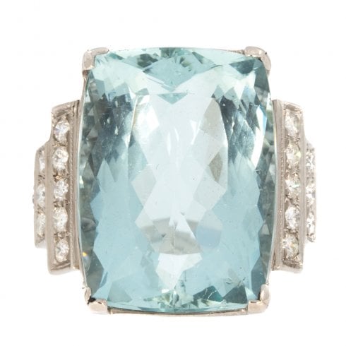 Antique Art Deco White Gold Aquamarine & Diamond Cocktail Ring