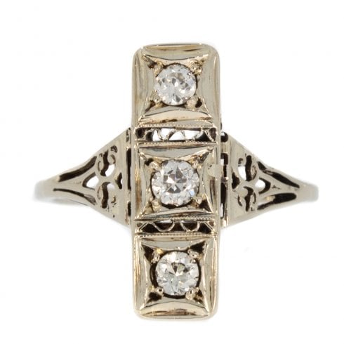 Antique Art Deco White Gold Diamond Three Stone Tablet Ring