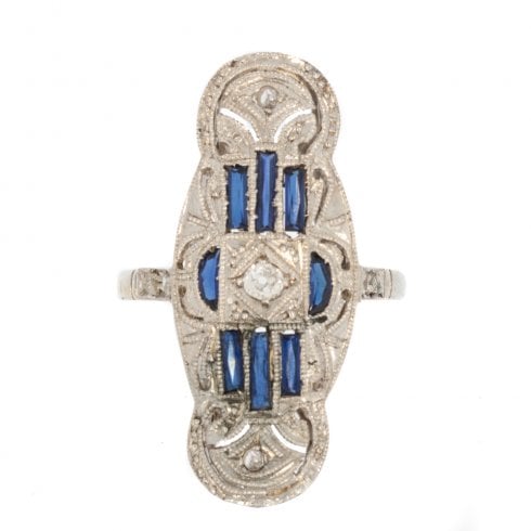 Antique Art Deco White Gold Sapphire & Diamond Tablet Ring