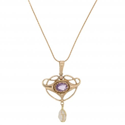 Antique Art Nouveau Gold Amethyst & Cultured Pearl Necklace