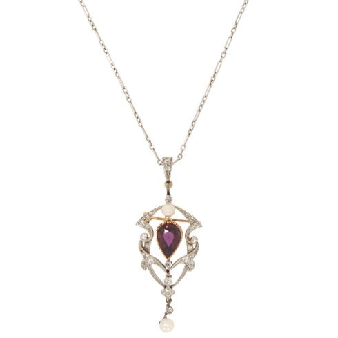 Antique Art Nouveau Ruby, Diamond & Pearl Drop Pendant