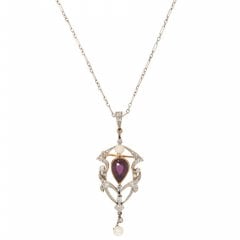 Antique Art Nouveau Ruby, Diamond & Pearl Drop Pendant