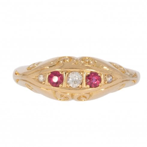 Antique c1912 Gold Ruby & Diamond Five Stone Ring