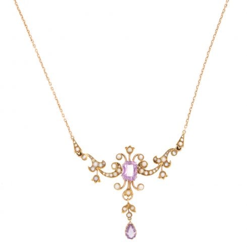 Antique Edwardian Gold Amethyst & Seed Pearl Necklet