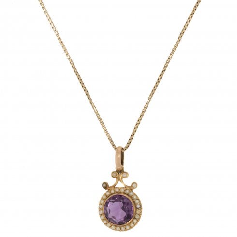 Antique Edwardian Gold Amethyst & Seed Pearl Pendant