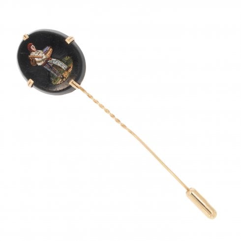 Antique Edwardian Gold Micro-mosaic Jet Pin