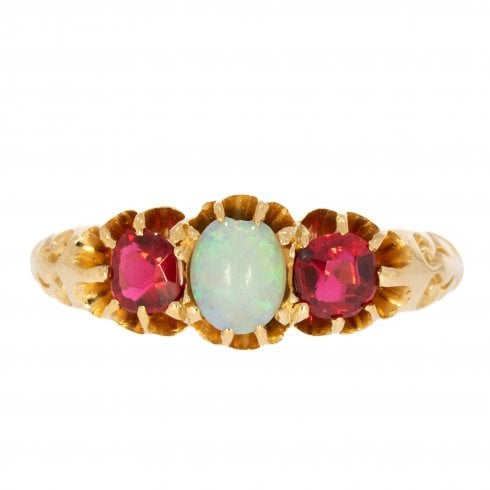 Antique Edwardian Gold Opal & Ruby Three Stone Ring