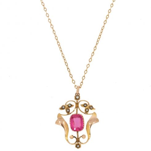 Antique Edwardian Gold Pink Paste & Seed Pearl Lavalier Pendant