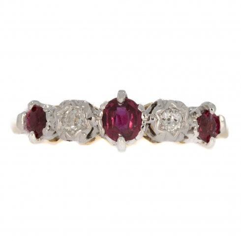Antique Edwardian Gold Ruby & Diamond Five Stone Ring