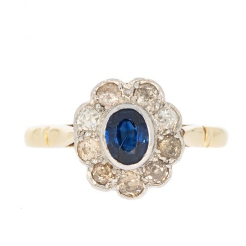 Antique Edwardian Gold Sapphire & Diamonds Cluster Ring
