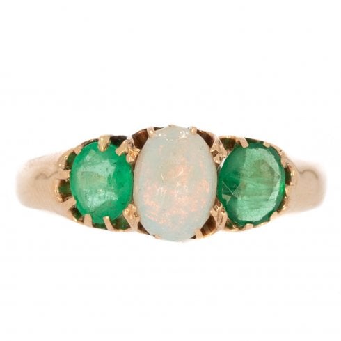 Antique Edwardian Opal & Emerald Three Stone Ring