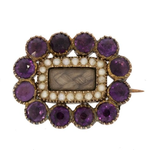 Antique Georgian Amethyst & Seed Pearl Mourning Brooch