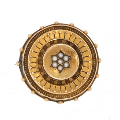 Antique Victorian Gold Seed Pearl Target Brooch
