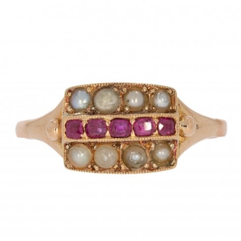 Antique Victorian Seed Pearl & Ruby Cluster Ring