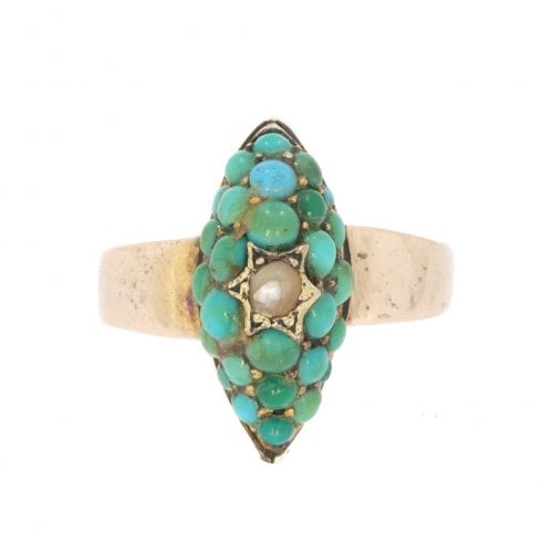 Antique Victorian Turquoise & Pearl Cluster Ring