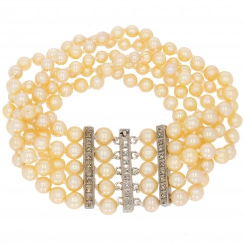 Antique White Gold Diamond Cultured Pearl Bracelet