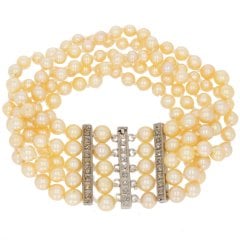 Antique White Gold Diamond Cultured Pearl Bracelet