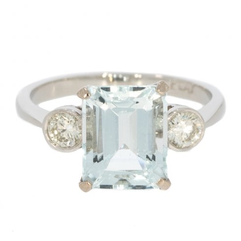 Aquamarine and Diamond Three Stone Ring