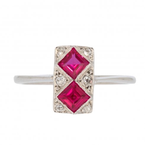 Art Deco Synthetic Ruby & Diamond Tablet Ring