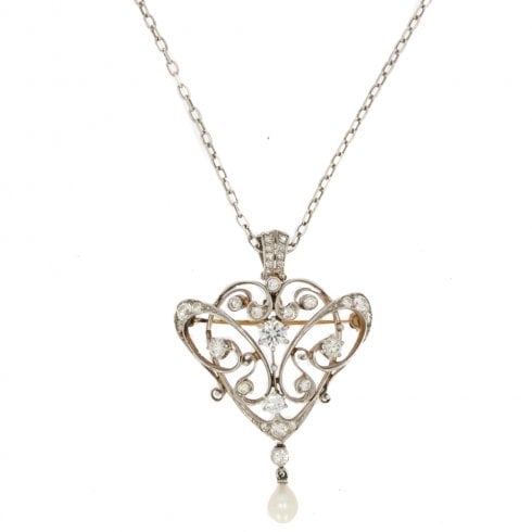 Art Nouveau Diamond & Pearl Lavalier Drop Pendant