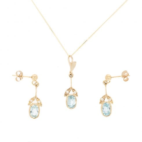 Blue Topaz & Diamond Drop Earring & Pendant Set