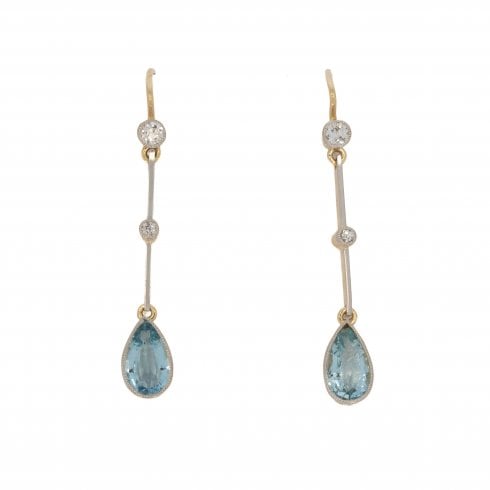 Edwardian Gold Aquamarine & Diamond Drop Earrings