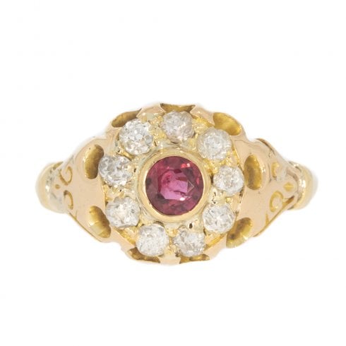 Edwardian-Style Gold Diamond & Ruby Cluster Ring