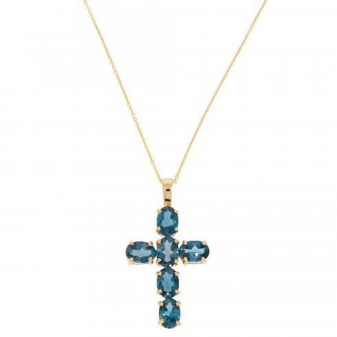 Gold Blue Topaz Cross Pendant