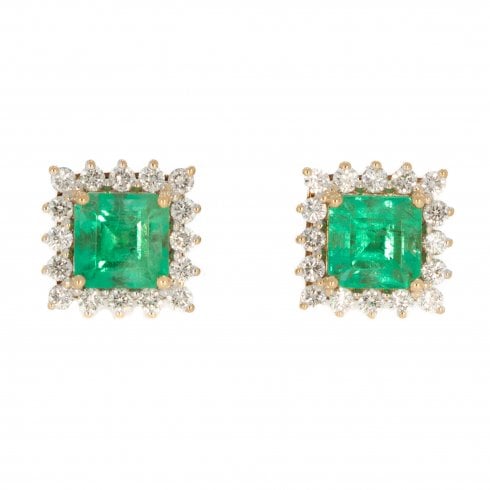 Gold Emerald & Diamond Cluster Stud Earrings