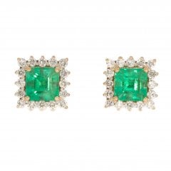 Gold Emerald & Diamond Cluster Stud Earrings