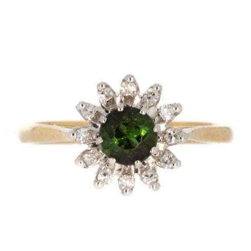 Gold Green Tourmaline & Diamond Cluster Ring