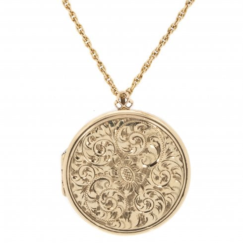 Gold Vintage Engraved Circular Locket & Chain