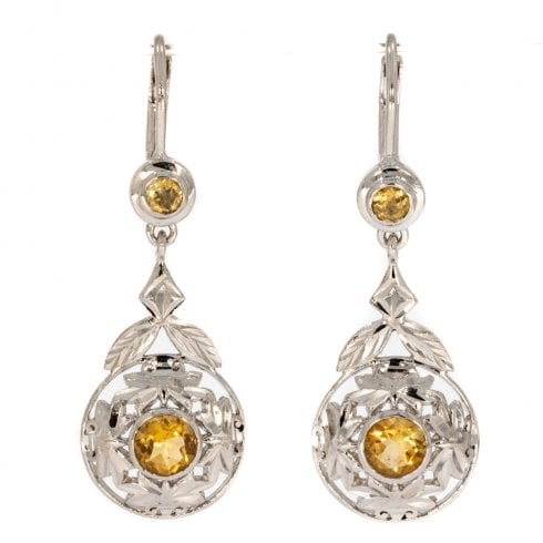 Silver Citrine Floral Drop Earrings