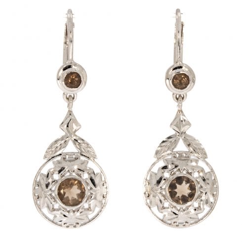 Silver Smoky Quartz Floral Drop Earrings